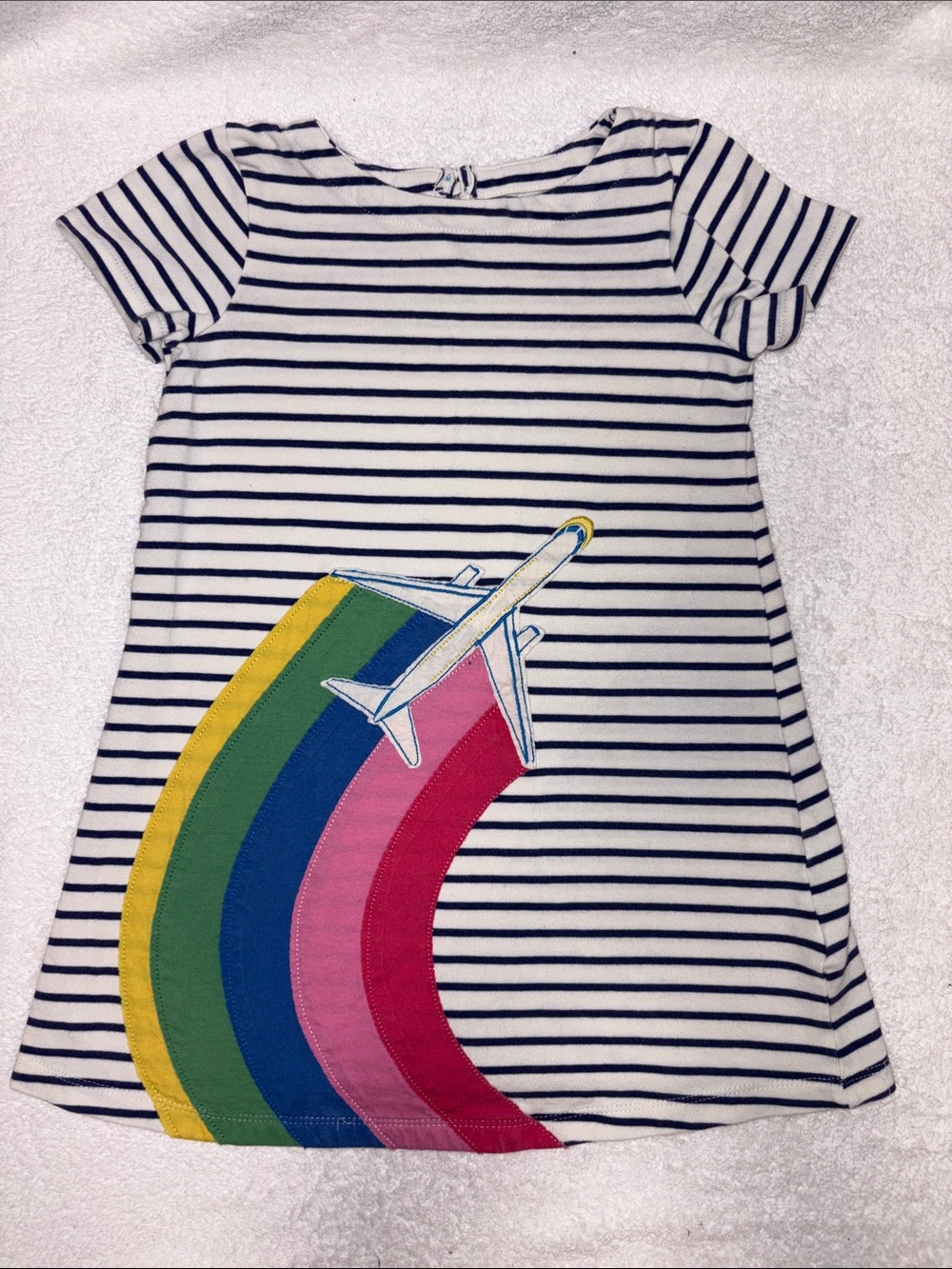 Mini Boden Navy-and-White Stripe Dress with Multicolor Airplane Rainbow 6/7